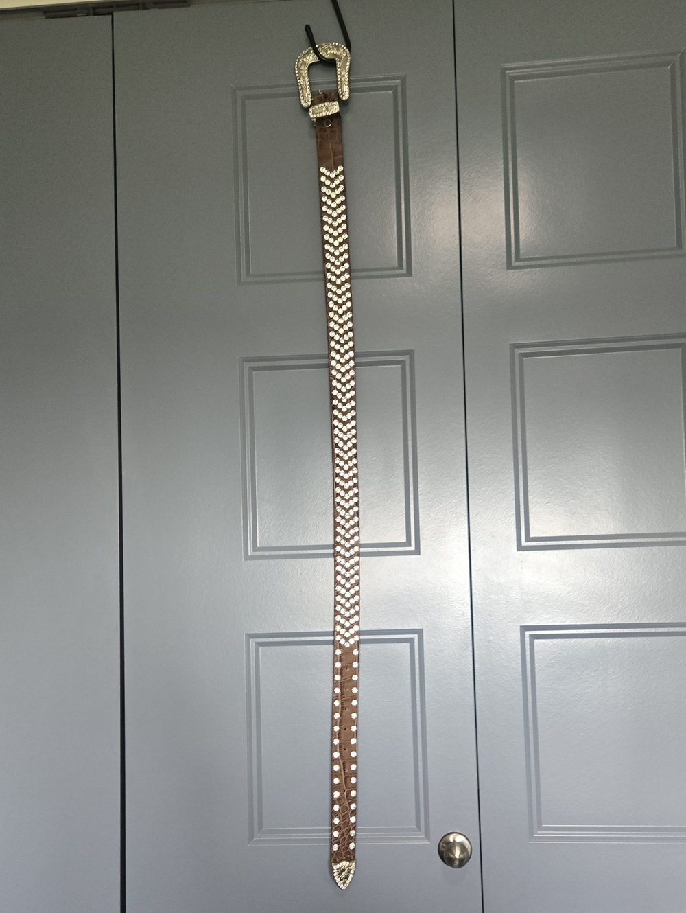 Brown Leather Western Studded Belt with Rhinestone Buckle